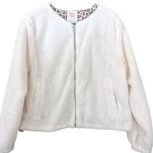 Cali 1850 Womens Faux Fur Zip Up Jacket‎ Cream Leopard Print Lining Size M 3130B